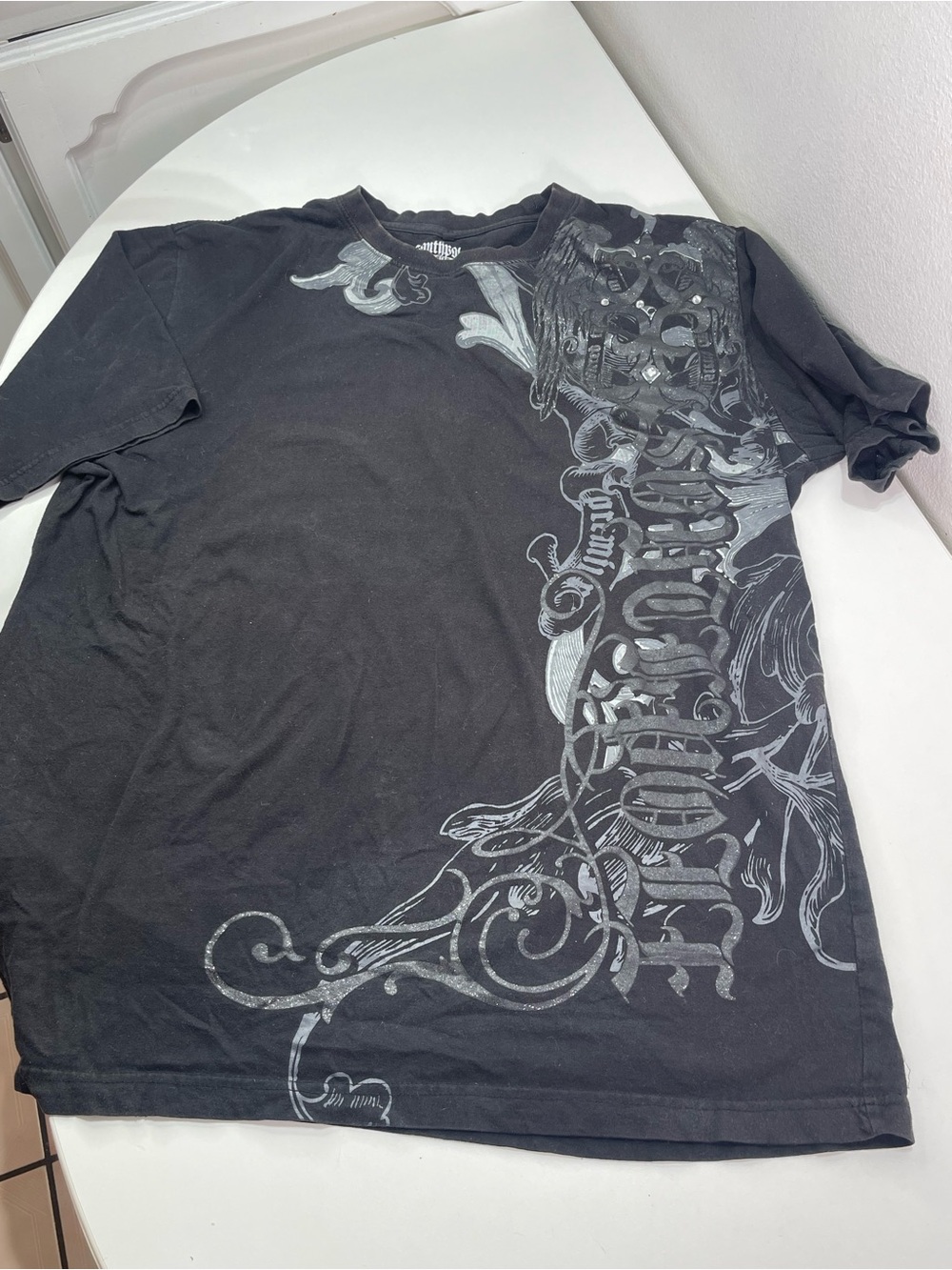 Vintage Y2K Southpole T Shirt 2XL Black Premium Studded Distressed Old English